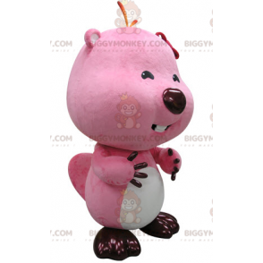 Traje de mascote BIGGYMONKEY™ de castor rosa e branco. Traje de