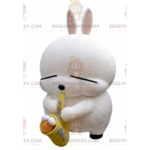 BIGGYMONKEY™ mascotte kostuum met groot wit konijn saxofoon -