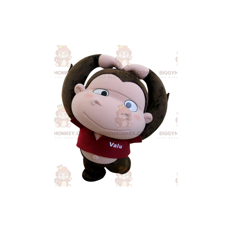 BIGGYMONKEY™ Μασκότ στολή καφέ και ροζ μαϊμού με μεγάλο κεφάλι