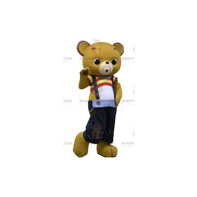 Traje de mascote BIGGYMONKEY™ Teddy amarelo com macacão azul –