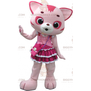 Traje de mascote de gato rosa e branco BIGGYMONKEY™ com vestido