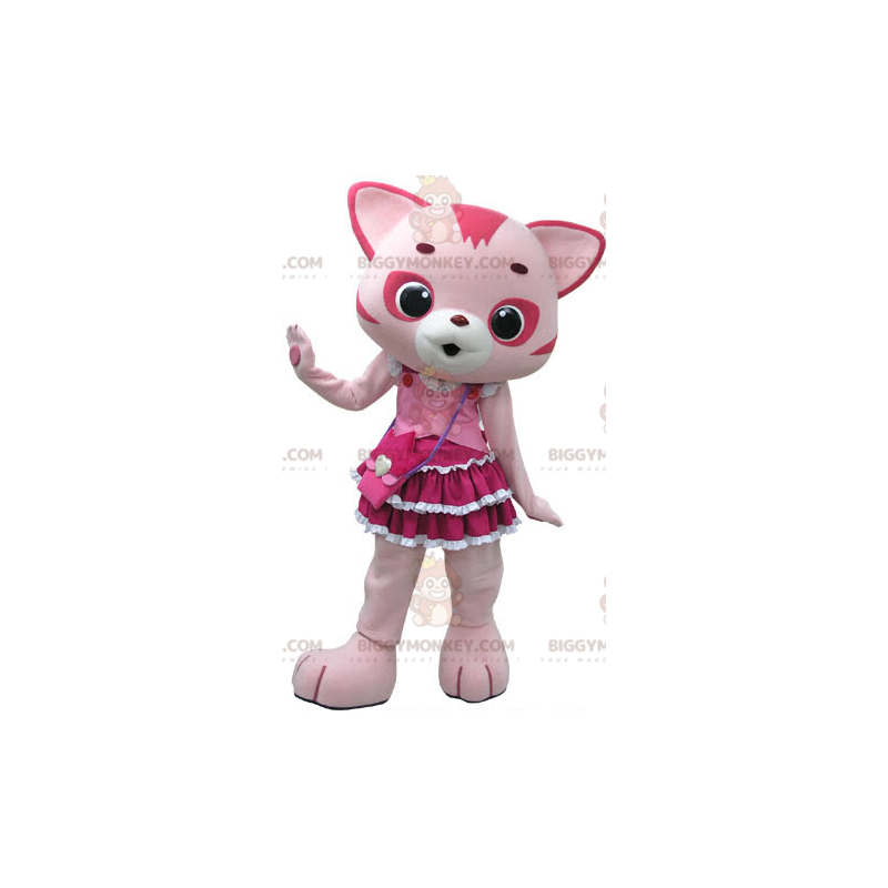 Traje de mascote de gato rosa e branco BIGGYMONKEY™ com vestido