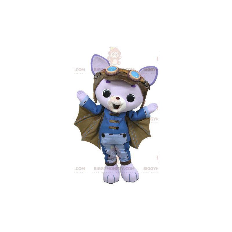 Traje de mascote BIGGYMONKEY™ Gato roxo com asas de morcego –