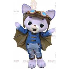 Traje de mascote BIGGYMONKEY™ Gato roxo com asas de morcego –