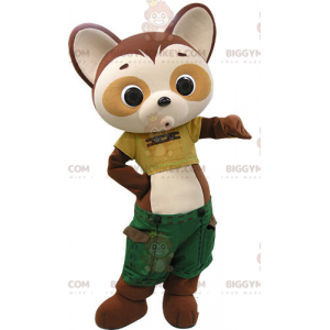 Brun och brun Panda BIGGYMONKEY™ maskotdräkt med gröna shorts -