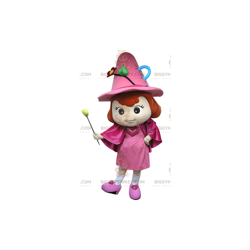 Kostým maskota BIGGYMONKEY™ růžové víly s kloboukem a hůlkou –
