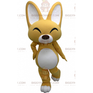 Kostým smějící se žluté a bílé lišky BIGGYMONKEY™ maskota –