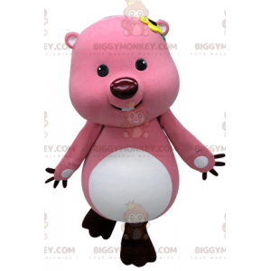 Traje de mascote BIGGYMONKEY™ de castor rosa e branco. Traje de