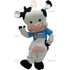 Costume de mascotte BIGGYMONKEY™ de vache noire blanche et rose