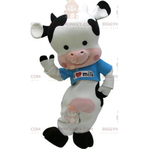 Traje de mascote BIGGYMONKEY™ Vaca preta, branca e rosa com