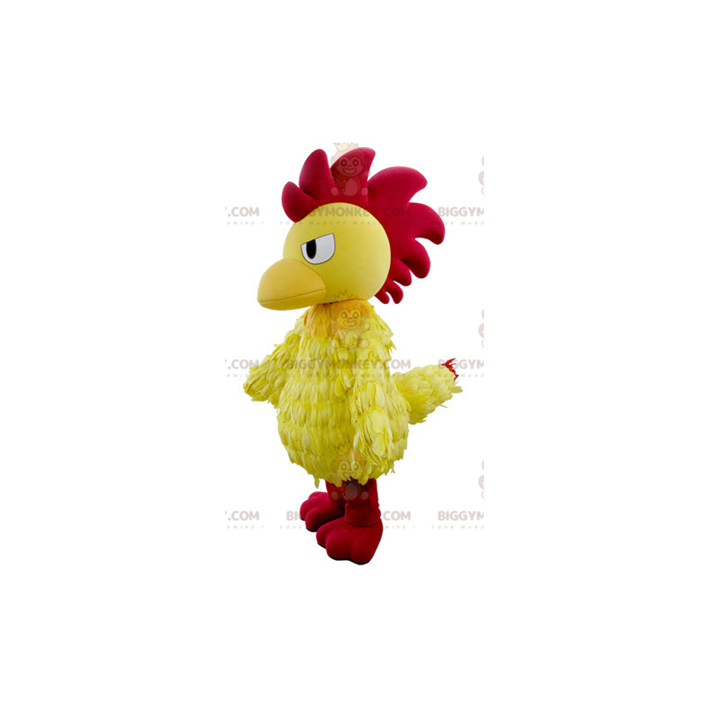 Disfraz de mascota Gallo amarillo y rojo de aspecto feroz