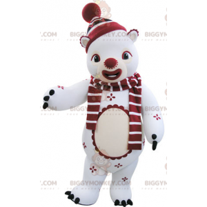 BIGGYMONKEY™ maskotkostume Hvid og rød bamse i vinterdragt -