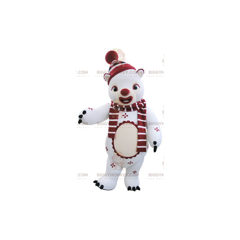 Kostým maskota BIGGYMONKEY™ Bílý a červený medvídek v zimním