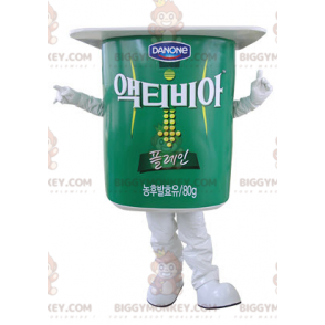 Traje de mascote gigante de pote de iogurte verde e branco