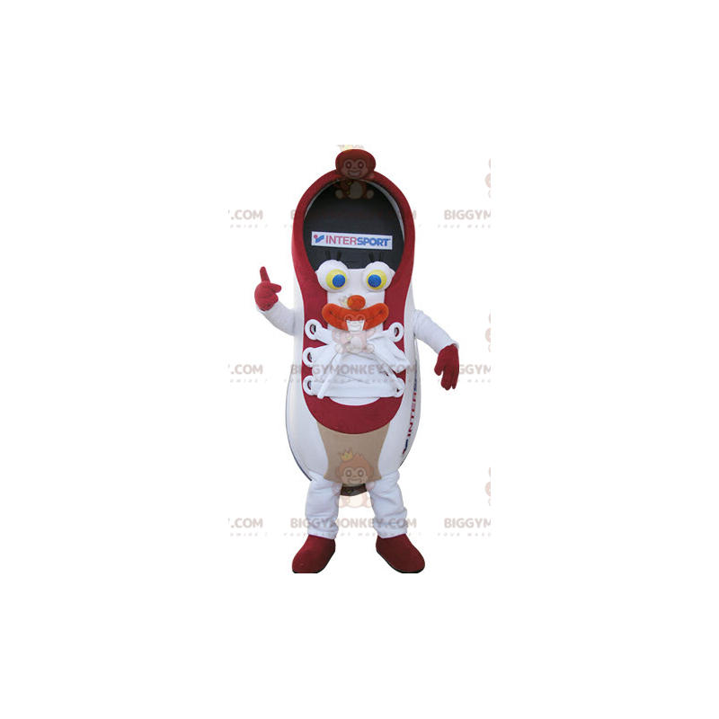 Costume mascotte BIGGYMONKEY™ da basket rosso e bianco. scarpa