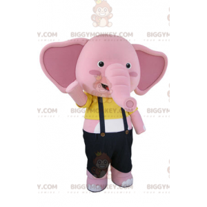 Roze en witte olifant BIGGYMONKEY™ mascottekostuum met overall