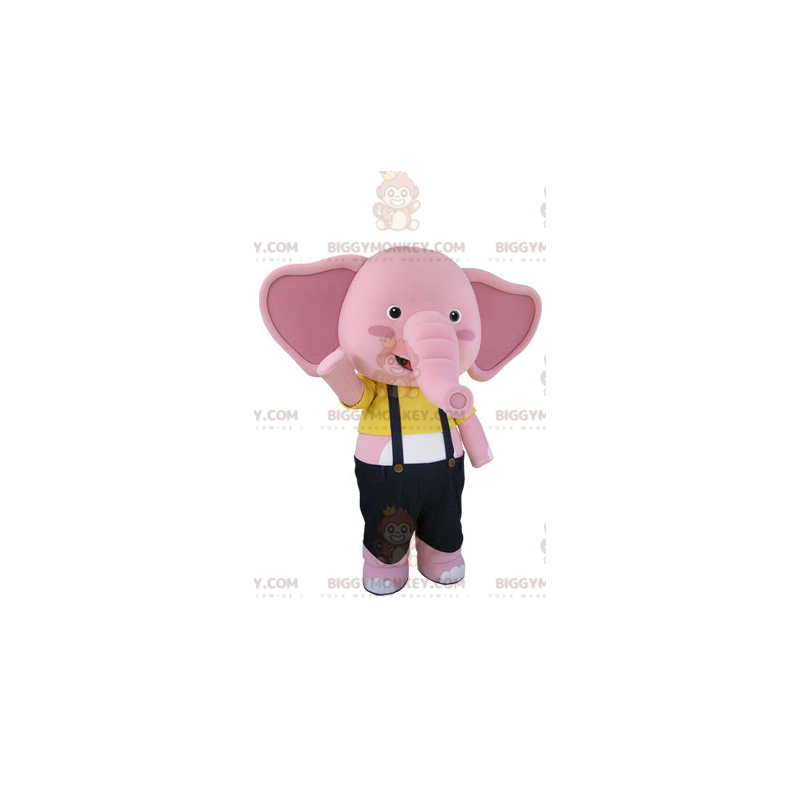 Roze en witte olifant BIGGYMONKEY™ mascottekostuum met overall