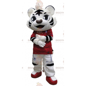 Svart och vit tiger BIGGYMONKEY™ maskotdräkt klädd i rött -