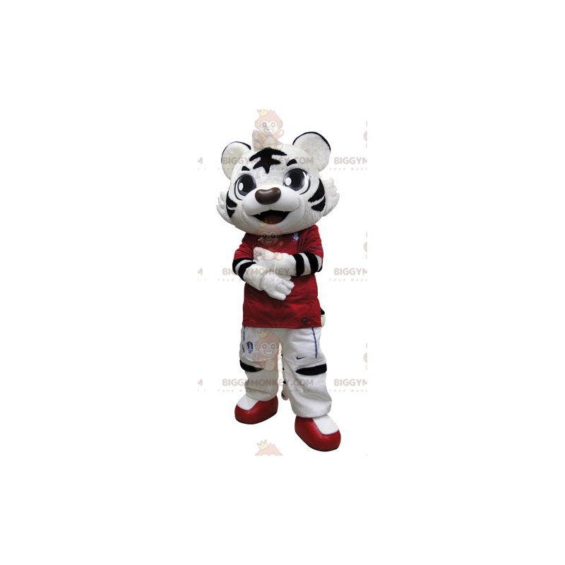 Costume de mascotte BIGGYMONKEY™ de tigre noir et blanc habillé