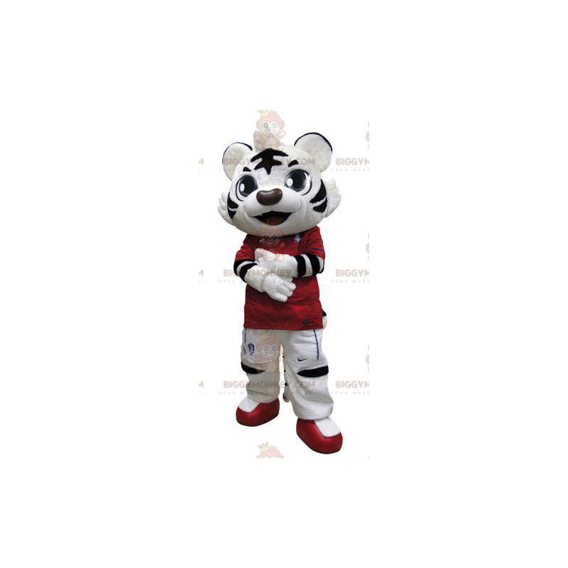 Sort og hvid tiger BIGGYMONKEY™ maskotkostume klædt i rødt -