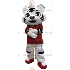 Svart och vit tiger BIGGYMONKEY™ maskotdräkt klädd i rött -