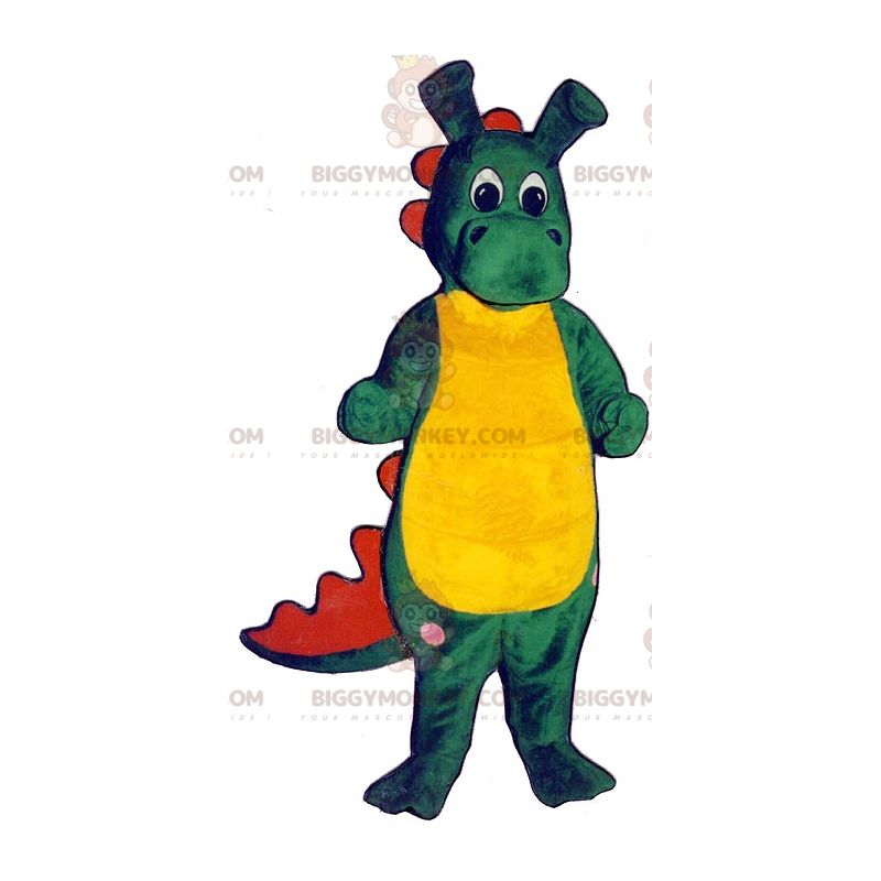 Traje de mascote de crocodilo vermelho e amarelo verde