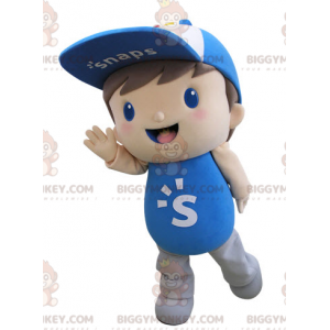 Traje de mascote infantil BIGGYMONKEY™ vestido de azul com boné