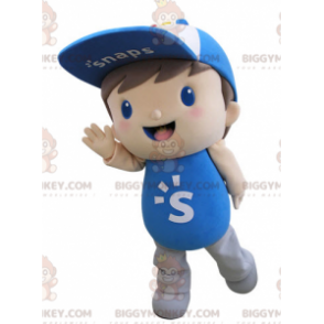 Traje de mascote infantil BIGGYMONKEY™ vestido de azul com boné