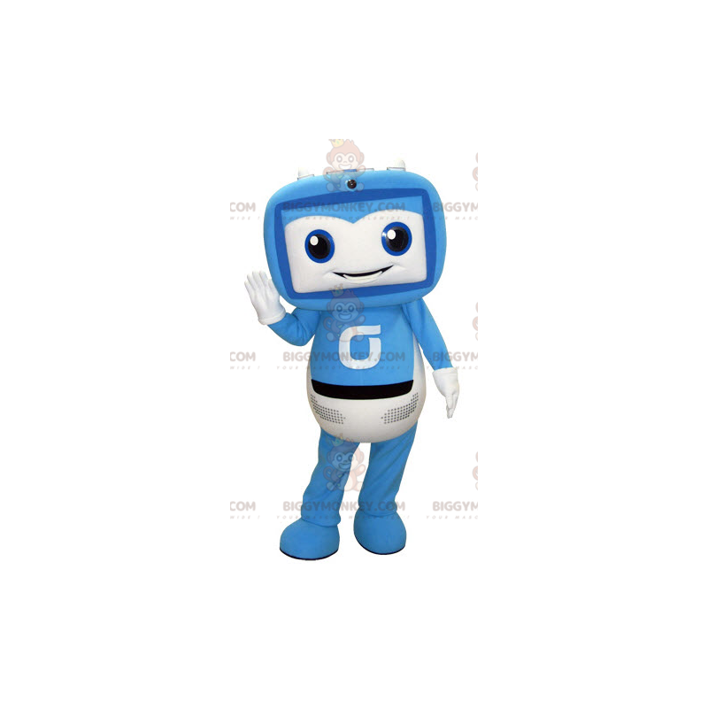 Costume mascotte BIGGYMONKEY™ TV a schermo gigante blu e bianco