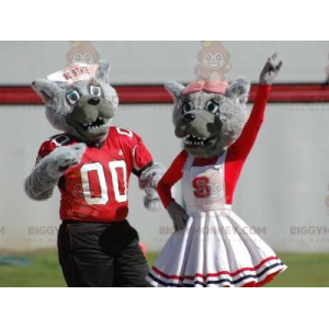 Duo de mascottes BIGGYMONKEY™ de loups gris habillés en rouge