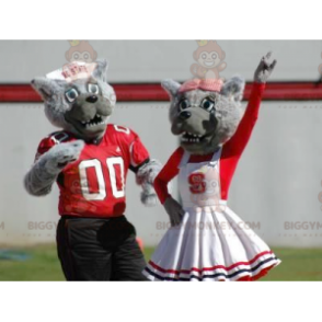 2 BIGGYMONKEY™s mascot gray wolves dressed in red and white -