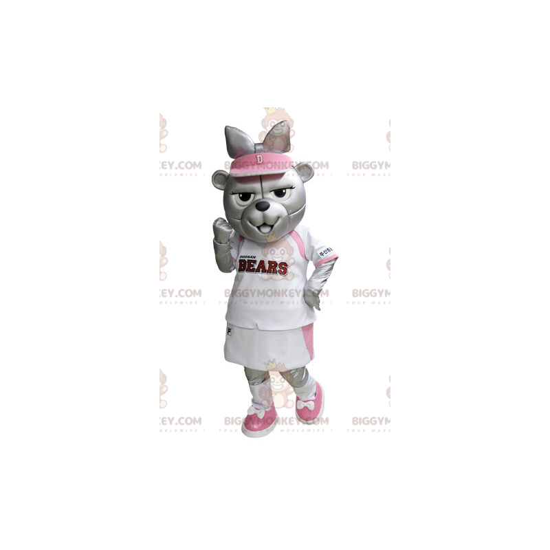 BIGGYMONKEY™ Maskottchen-Kostüm des grauen Bären im rosa-weißen
