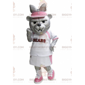 BIGGYMONKEY™ maskotdräkt av grå björn i rosa och vit