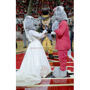2 lobos grises mascota de BIGGYMONKEY™ vestidos de rojo y