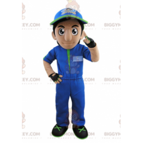 BIGGYMONKEY™ Mascot Costume of Man i overall med keps -
