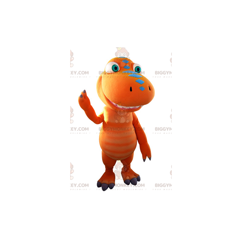 Fantasia de mascote de dinossauro gigante laranja e azul