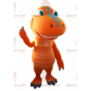 Fantasia de mascote de dinossauro gigante laranja e azul