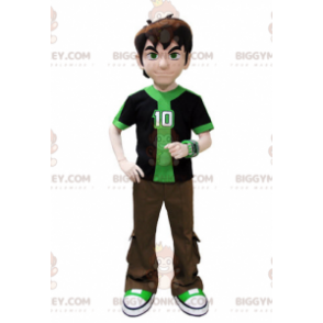 Tiener BIGGYMONKEY™ mascottekostuum gekleed in groen en bruin -