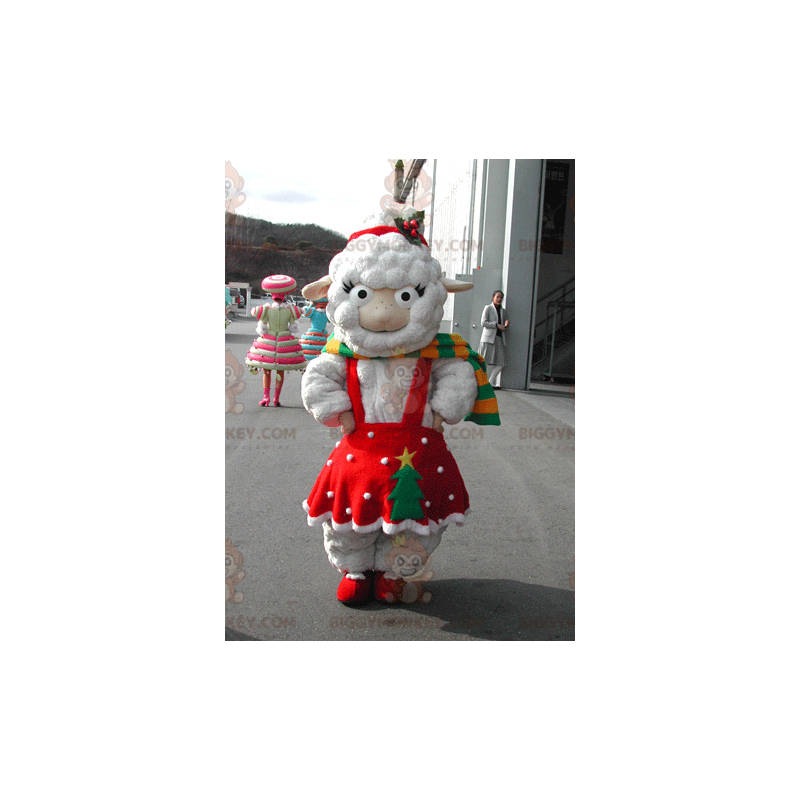 Vita får BIGGYMONKEY™ maskotdräkt klädd i julröd klänning -