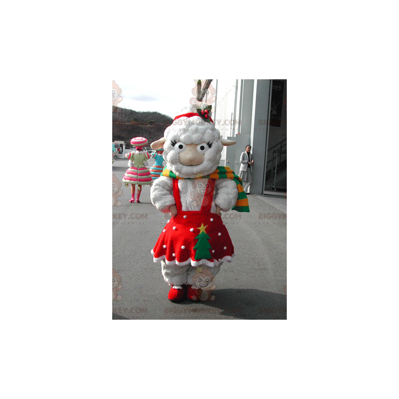 White Sheep BIGGYMONKEY™ Mascot Costume Dressed in Christmas