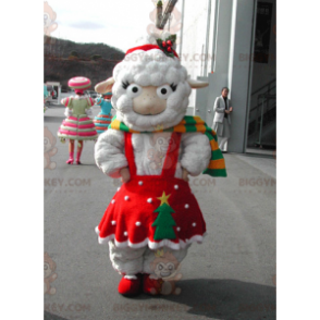 Kostým maskota bílé ovce BIGGYMONKEY™ v červených vánočních