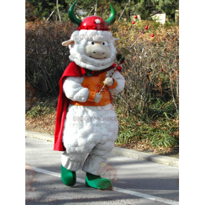 Biała owca Kostium maskotka BIGGYMONKEY™ z peleryną wikinga i