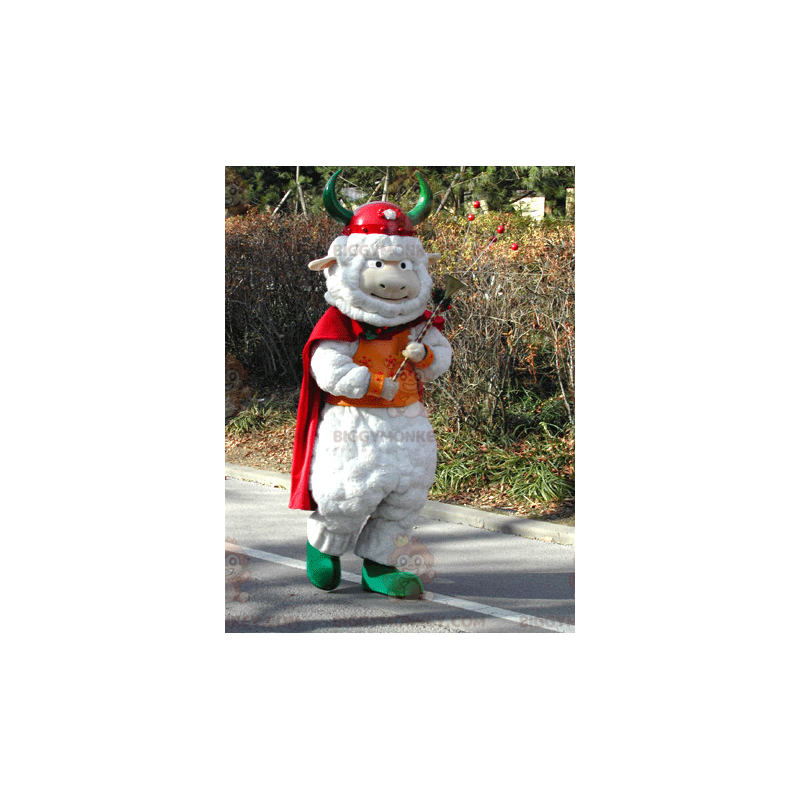 Costume de mascotte BIGGYMONKEY™ de mouton blanc avec une cape