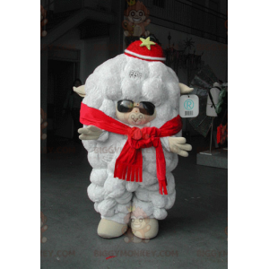 Traje de mascote Big White Sheep BIGGYMONKEY™ com óculos de sol