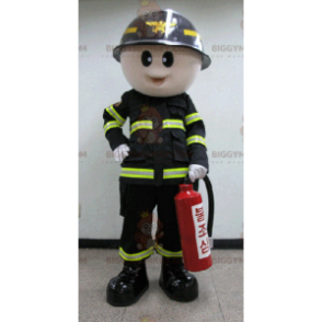 Traje de mascote de bombeiro BIGGYMONKEY™ em uniforme preto e