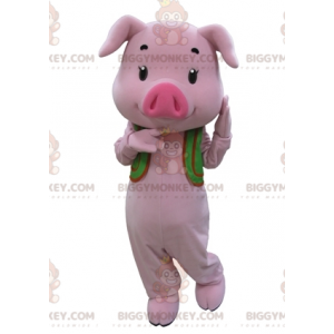 BIGGYMONKEY™ Costume da mascotte Maialino rosa con gilet verde