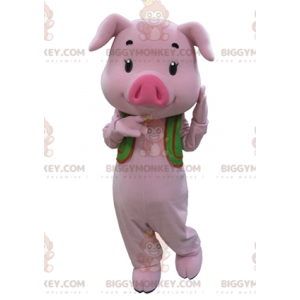 Fantasia de mascote BIGGYMONKEY™ Porco rosa com colete verde –