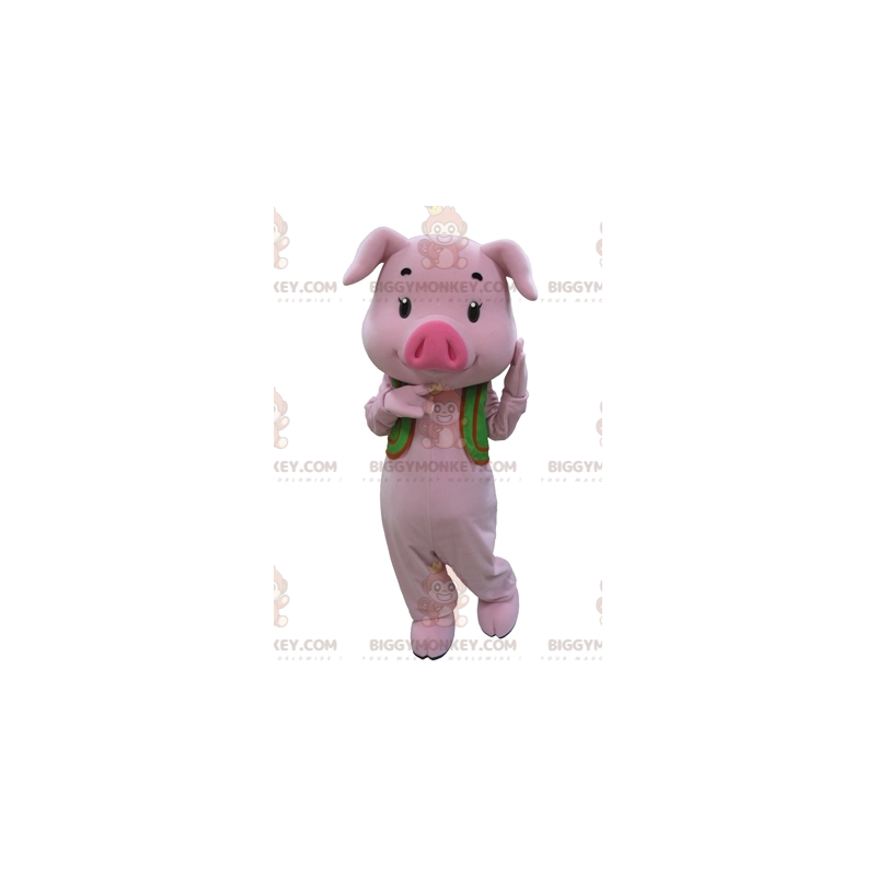 BIGGYMONKEY™ Mascot Costume Pink Pig With Green Vest -