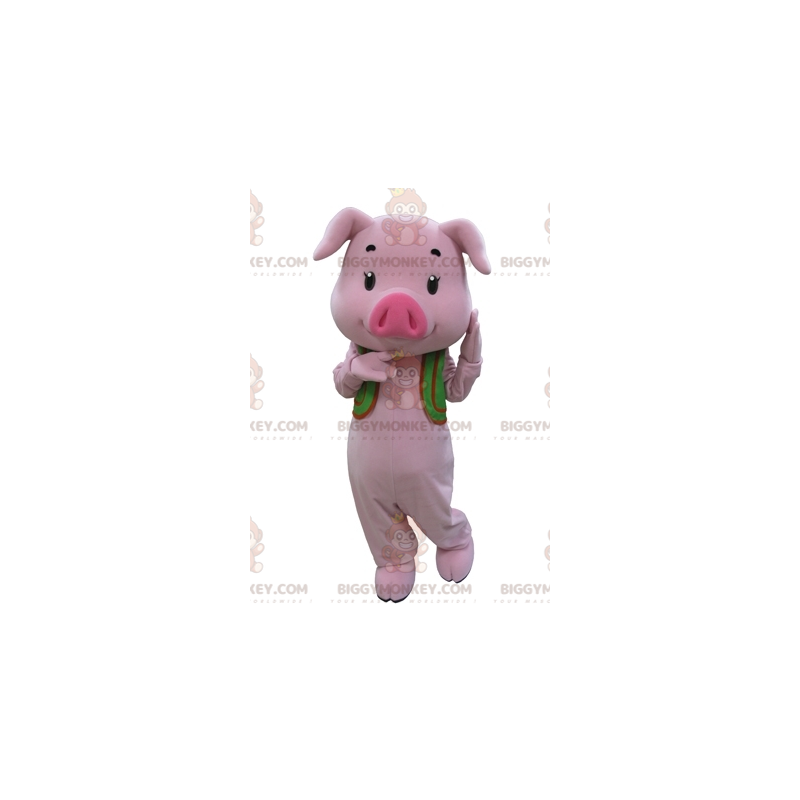 BIGGYMONKEY™ Μασκότ Κοστούμι Ροζ Γουρουνάκι με Πράσινο Γιλέκο -