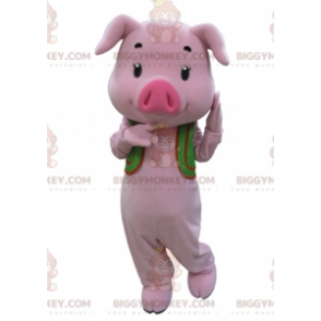 BIGGYMONKEY™ Costume da mascotte Maialino rosa con gilet verde